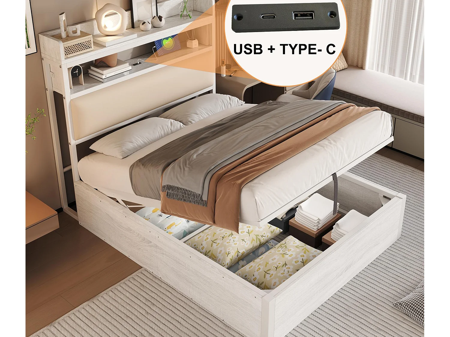 Opbergbed 90x200 cm - met USB-poort en planken - Wit (matras niet inbegrepen)