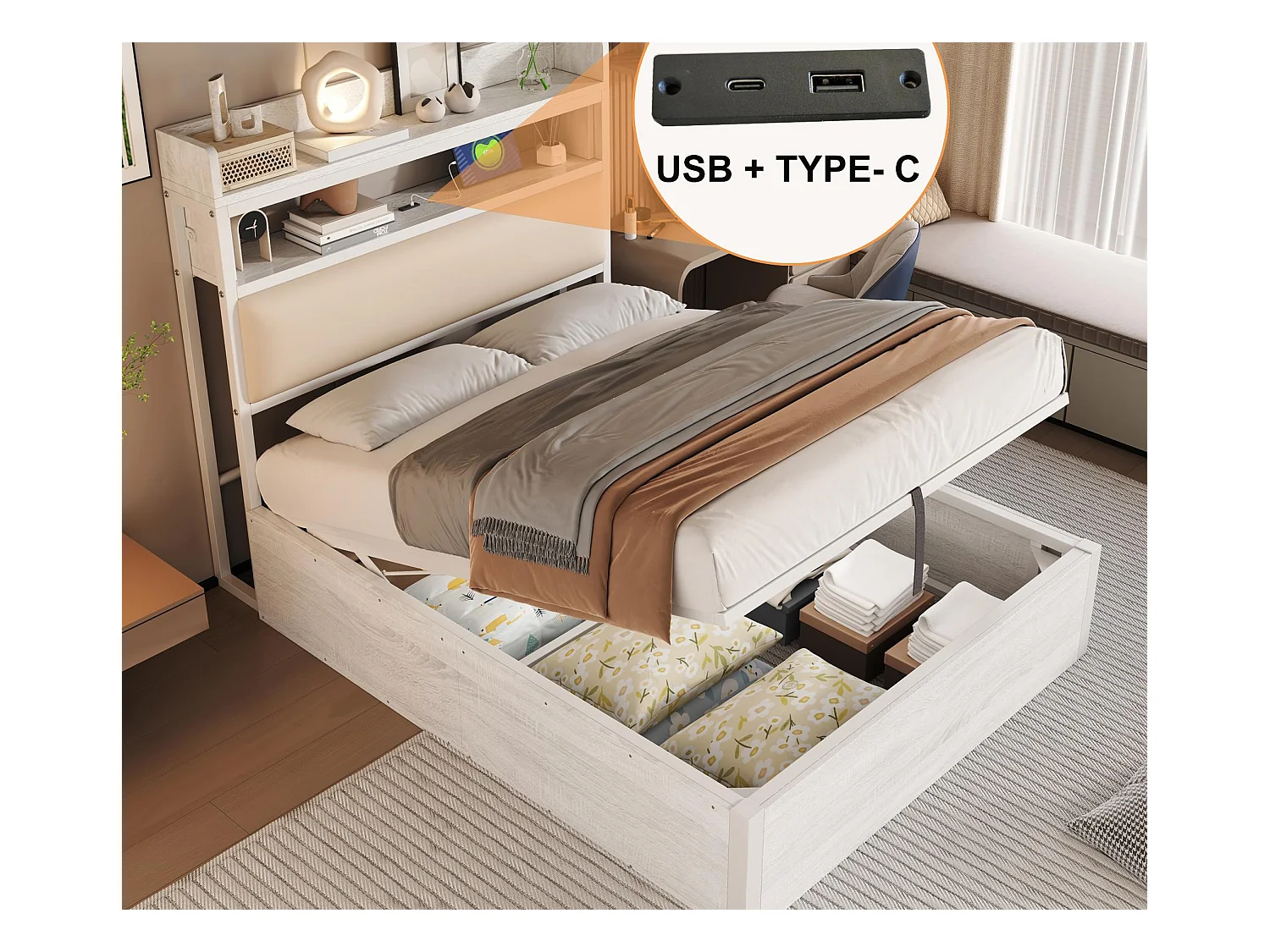 Lit de rangement 90x200 cm - avec port USB et étagères - Blanc (matelas non inclus)