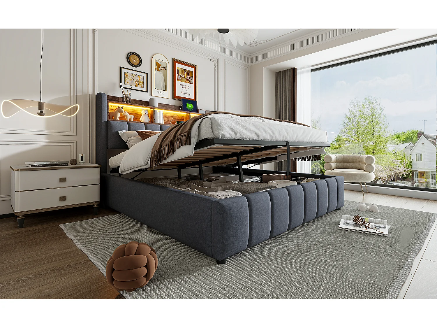 Gepolstertes Doppelbettbett mit Stauraum – 180 x 200 cm – mit LED-Beleuchtung + USB-Anschluss + Kopfteil mit Stauraum – Leinen + Metall + Sperrholz + MDF – Grau