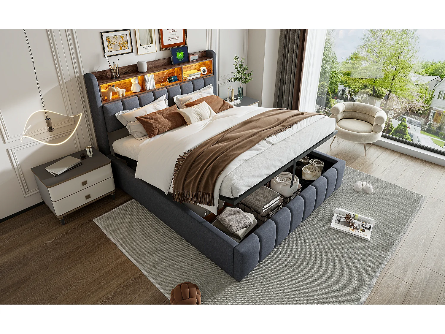 Lit coffre capitonné double - 180 x 200 cm - avec Leds + port USB + tête de lit avec rangements - lin + métal + contreplaqué + MDF - gris