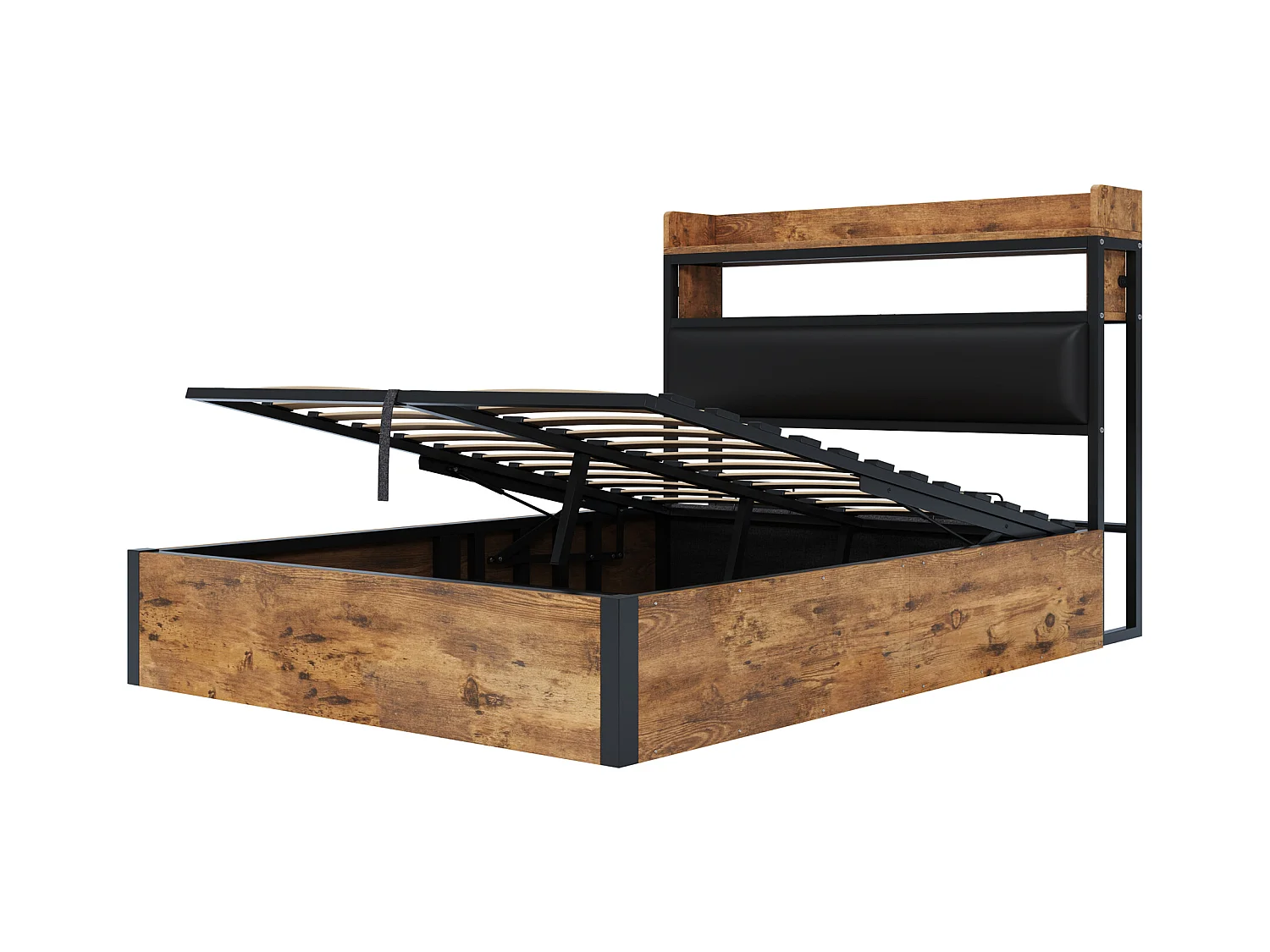 Opbergbed 140x200 cm - met USB-poort en planken - zwart (matras niet inbegrepen)