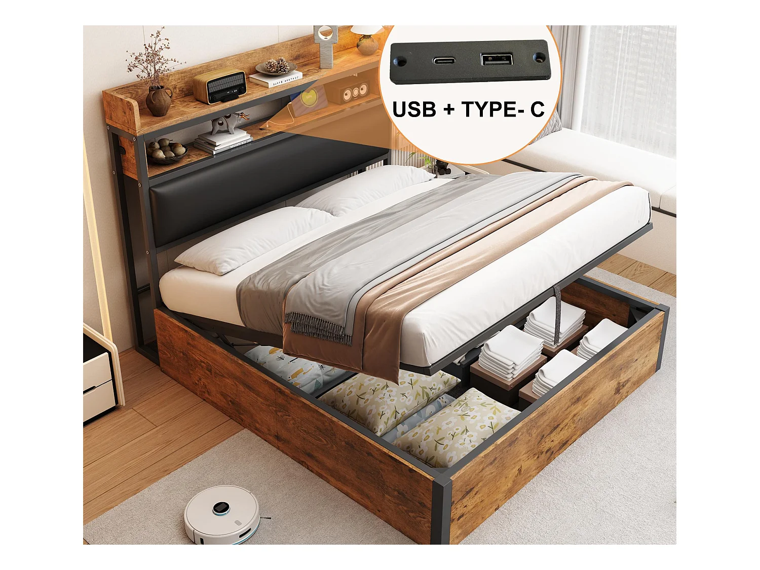 Lit de rangement 140x200 cm - avec port USB et étagères - noir (matelas non inclus)