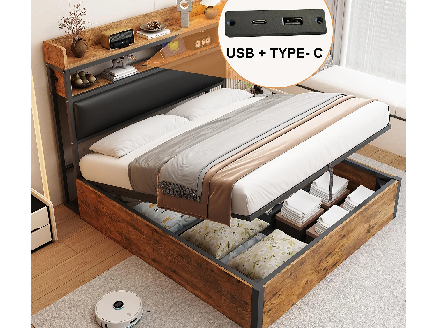 Stauraumbett 140x200 cm - mit USB-Anschluss und Regalen - schwarz (Matratze nicht im Lieferumfang enthalten)