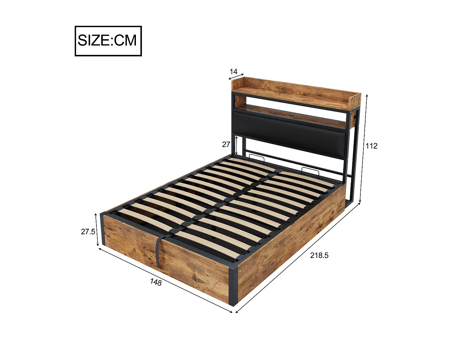 Stauraumbett 140x200 cm - mit USB-Anschluss und Regalen - schwarz (Matratze nicht im Lieferumfang enthalten)