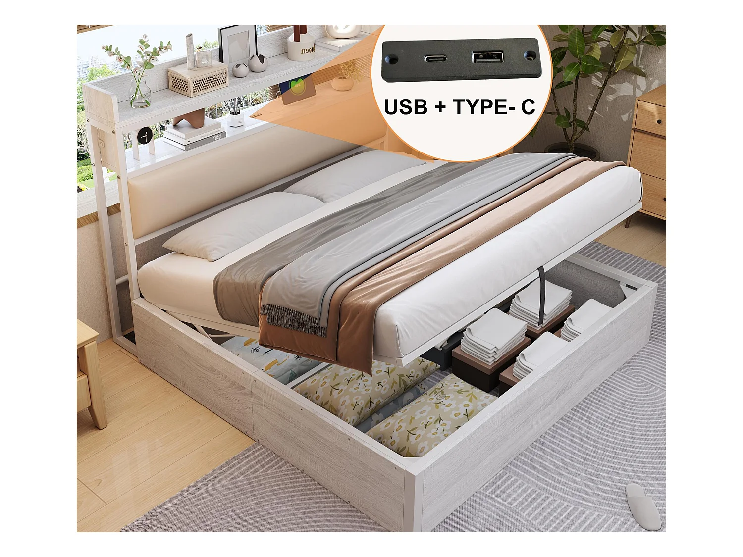 Lit de rangement 180x200 cm - avec port USB et étagères - Blanc (matelas non inclus)