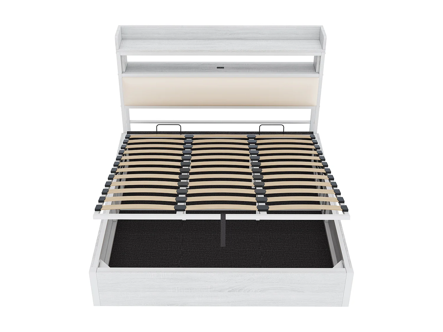 Lit de rangement 180x200 cm - avec port USB et étagères - Blanc (matelas non inclus)