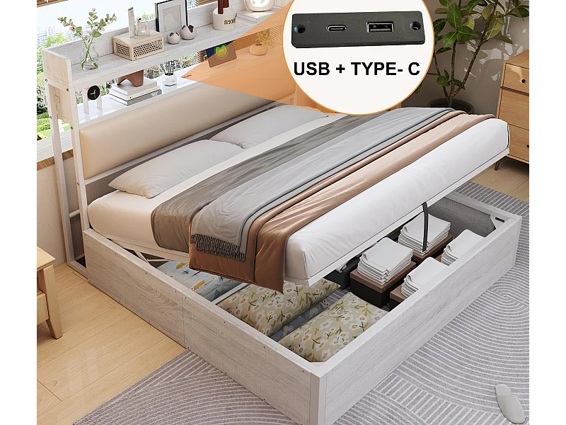 Cama com armazenamento 180x200 cm - com porta USB e prateleiras - Branco (colchão não incluído)