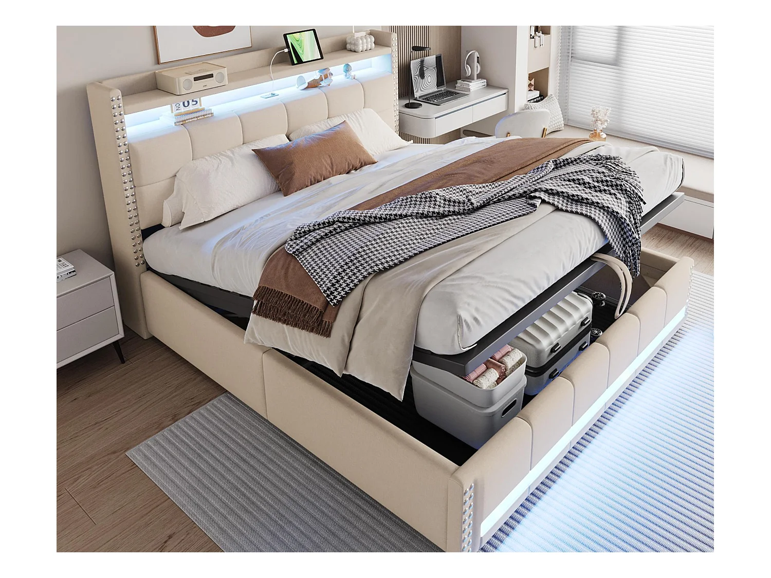 Pikowane łóżko z pojemnikiem 180x200 cm - z oświetleniem LED - z portem USB - len - beżowe (materac nie wliczony w cenę)