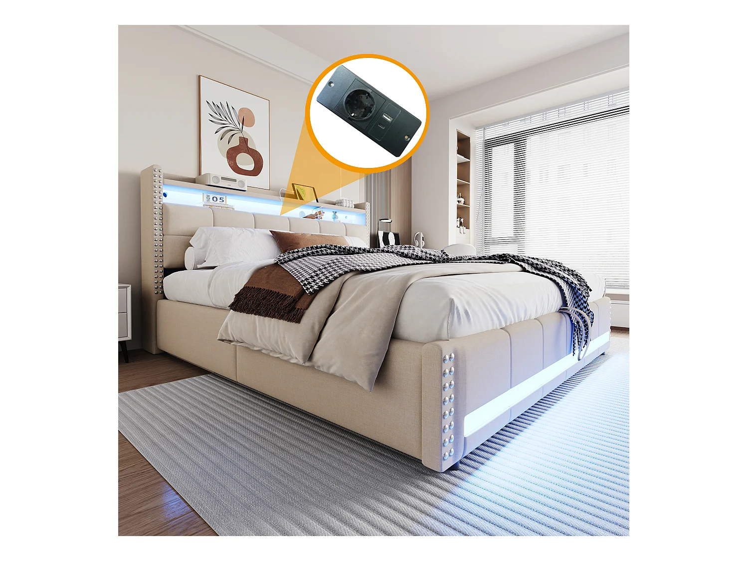 Pikowane łóżko z pojemnikiem 180x200 cm - z oświetleniem LED - z portem USB - len - beżowe (materac nie wliczony w cenę)