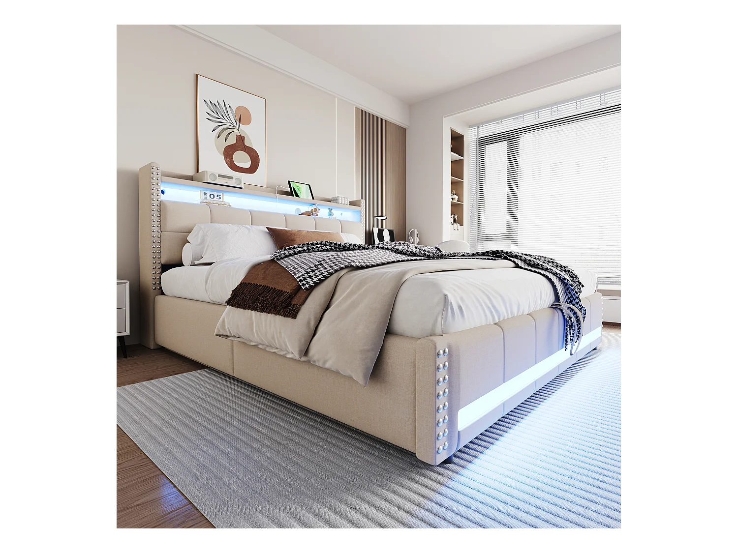 Pikowane łóżko z pojemnikiem 180x200 cm - z oświetleniem LED - z portem USB - len - beżowe (materac nie wliczony w cenę)