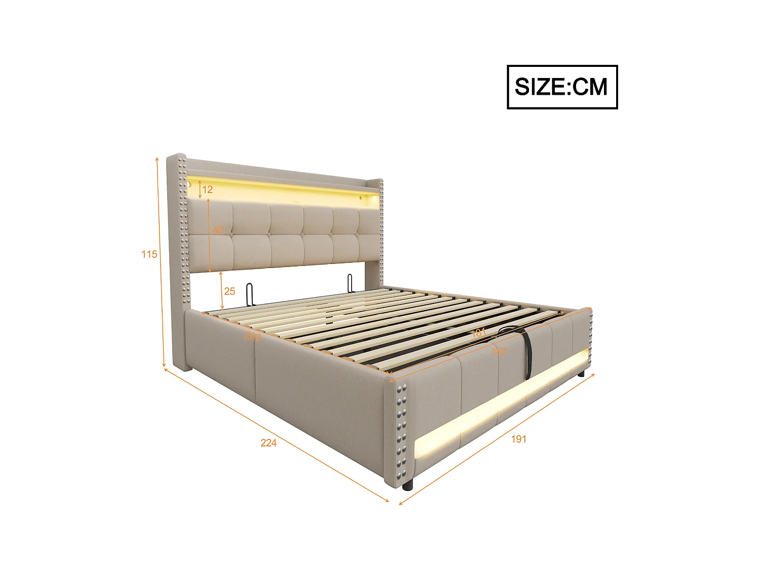 Pikowane łóżko z pojemnikiem 180x200 cm - z oświetleniem LED - z portem USB - len - beżowe (materac nie wliczony w cenę)