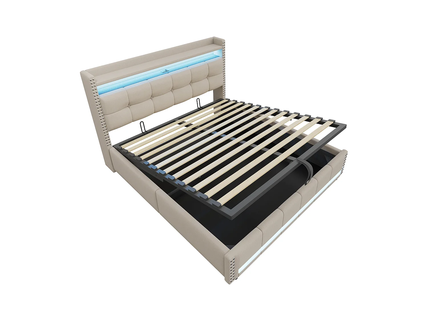 Pikowane łóżko z pojemnikiem 180x200 cm - z oświetleniem LED - z portem USB - len - beżowe (materac nie wliczony w cenę)