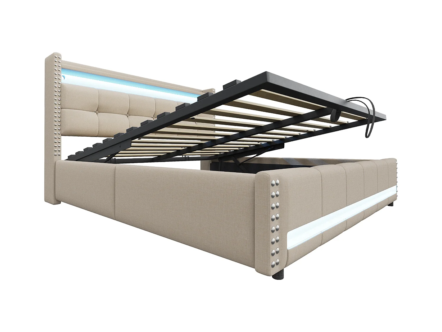 Pikowane łóżko z pojemnikiem 180x200 cm - z oświetleniem LED - z portem USB - len - beżowe (materac nie wliczony w cenę)