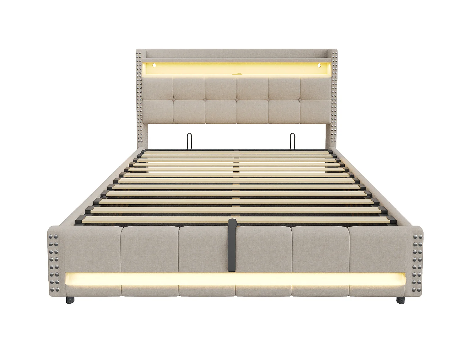 Pikowane łóżko z pojemnikiem 180x200 cm - z oświetleniem LED - z portem USB - len - beżowe (materac nie wliczony w cenę)