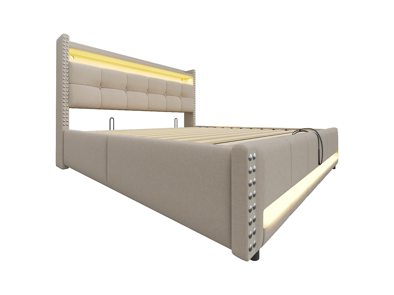 Pikowane łóżko z pojemnikiem 180x200 cm - z oświetleniem LED - z portem USB - len - beżowe (materac nie wliczony w cenę)