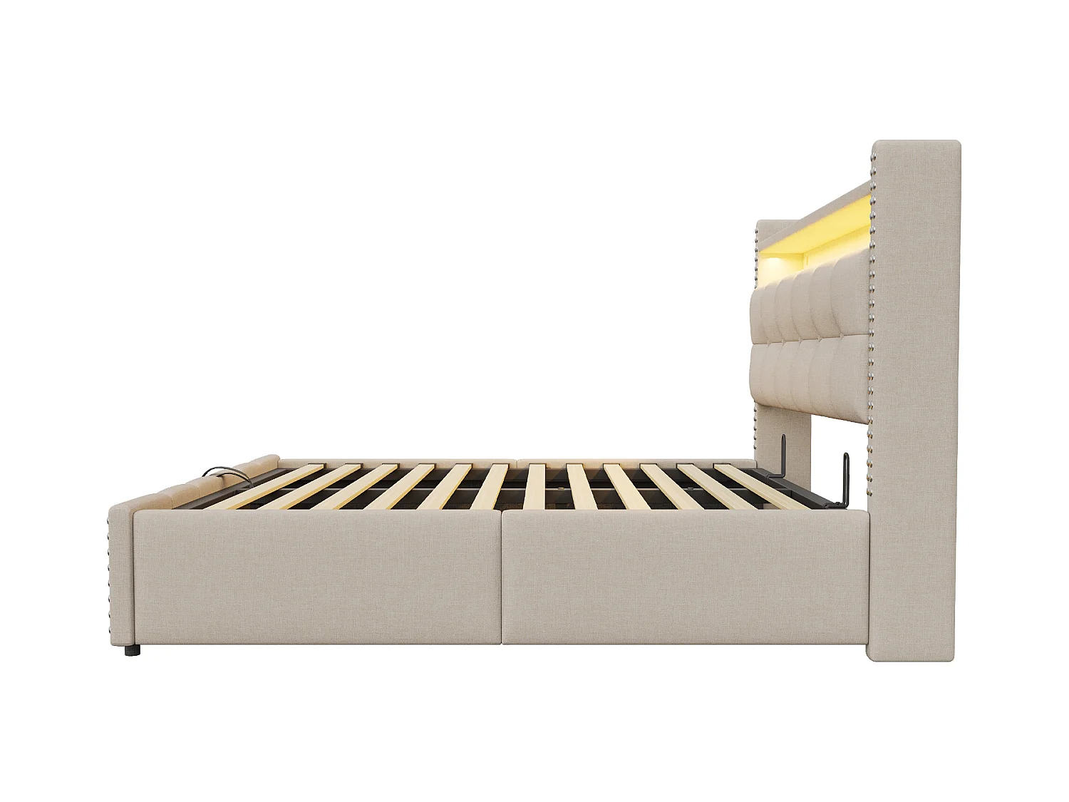 Pikowane łóżko z pojemnikiem 180x200 cm - z oświetleniem LED - z portem USB - len - beżowe (materac nie wliczony w cenę)