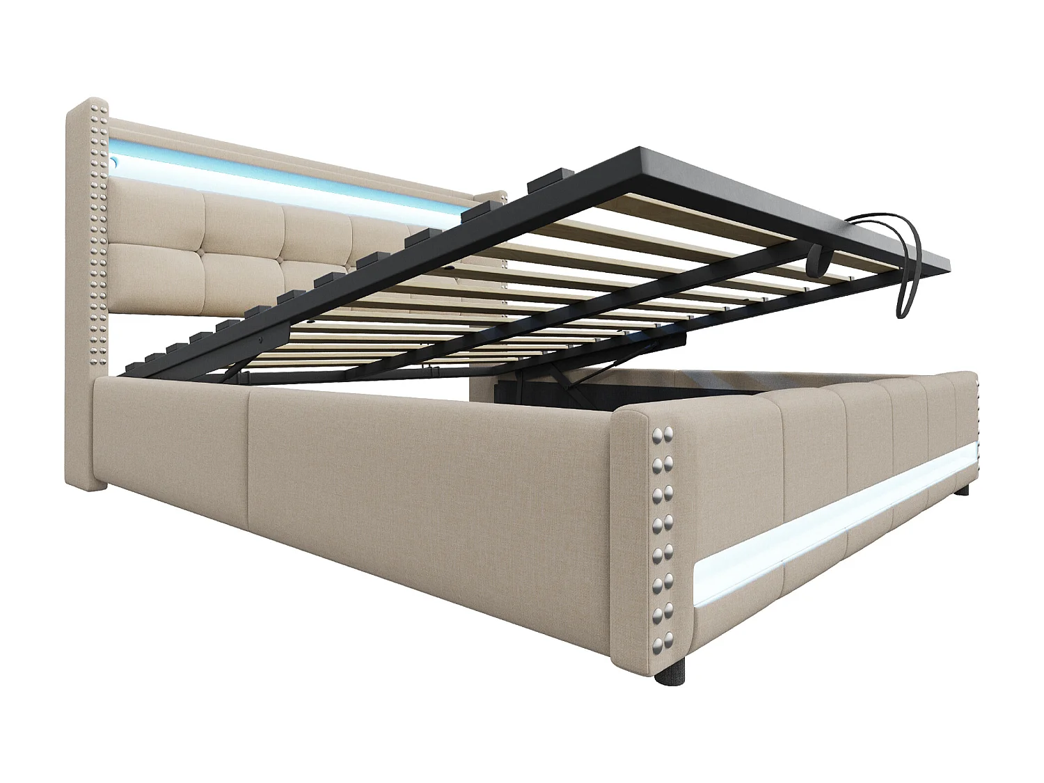 Gepolstertes Stauraumbett 180x200 cm - mit LED-Beleuchtung - mit USB-Anschluss - Leinen - beige (Matratze nicht enthalten)
