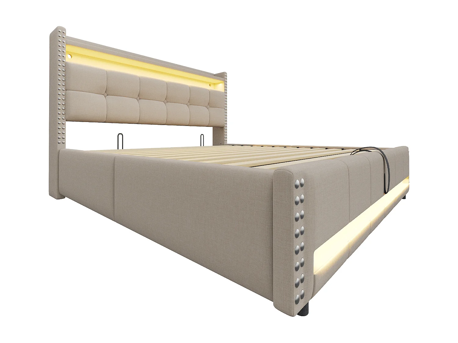 Gepolstertes Stauraumbett 180x200 cm - mit LED-Beleuchtung - mit USB-Anschluss - Leinen - beige (Matratze nicht enthalten)