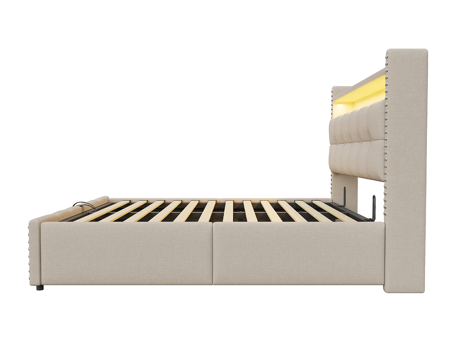 Gepolstertes Stauraumbett 180x200 cm - mit LED-Beleuchtung - mit USB-Anschluss - Leinen - beige (Matratze nicht enthalten)