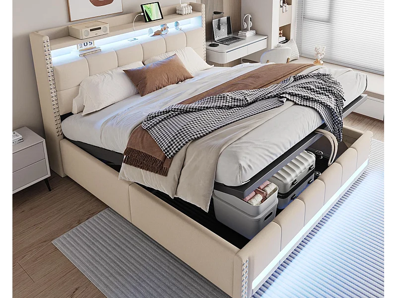 Lit coffre rembourré 180x200 cm - avec éclairage LED - avec USB - lin - beige (matelas non inclus)