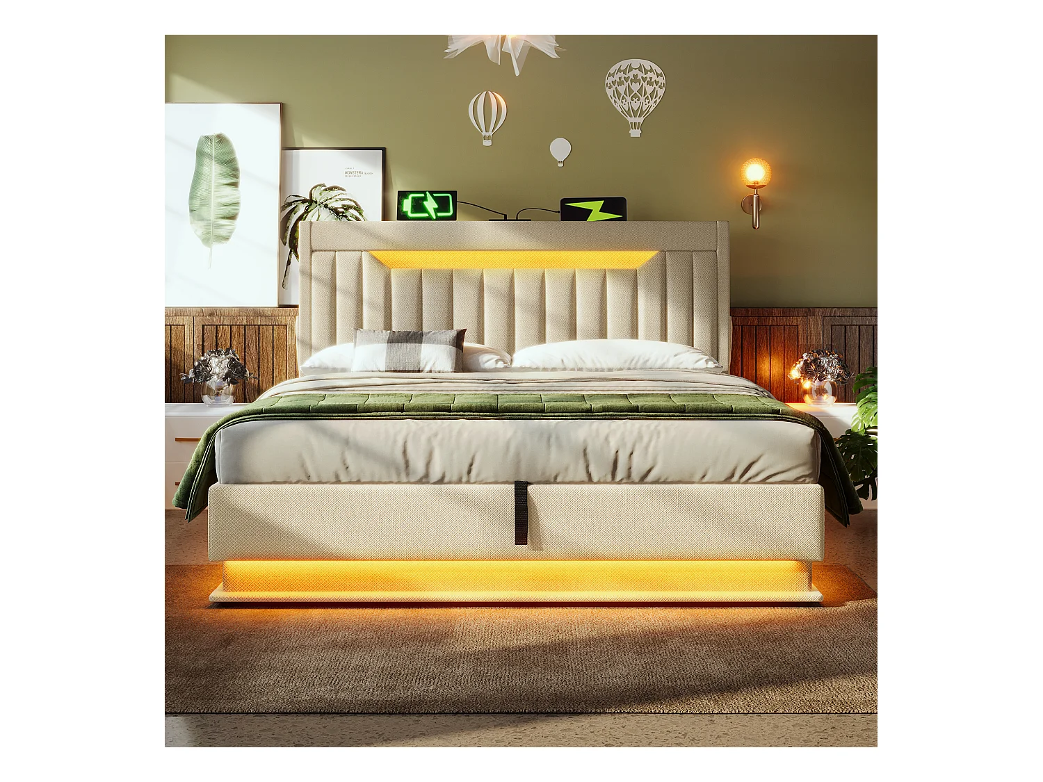 Lit coffre capitonné 140x200cm - avec LED - avec ports USB et Type-C - tissu en Lin - tête de lit avec espace de rangement - Beige