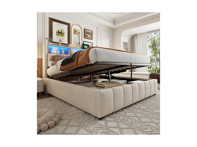 Cama de casal estofada com arrumação - 180 x 200 cm - com luzes LED + entrada USB + cabeceira com arrumação - linho + metal + contraplacado + MDF - bege