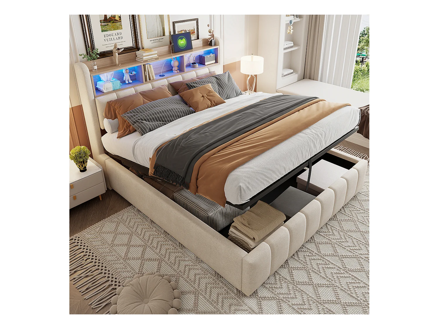 Gepolstertes Doppelbettbett mit Stauraum – 180 x 200 cm – mit LED-Beleuchtung + USB-Anschluss + Kopfteil mit Stauraum – Leinen + Metall + Sperrholz + MDF – Beige