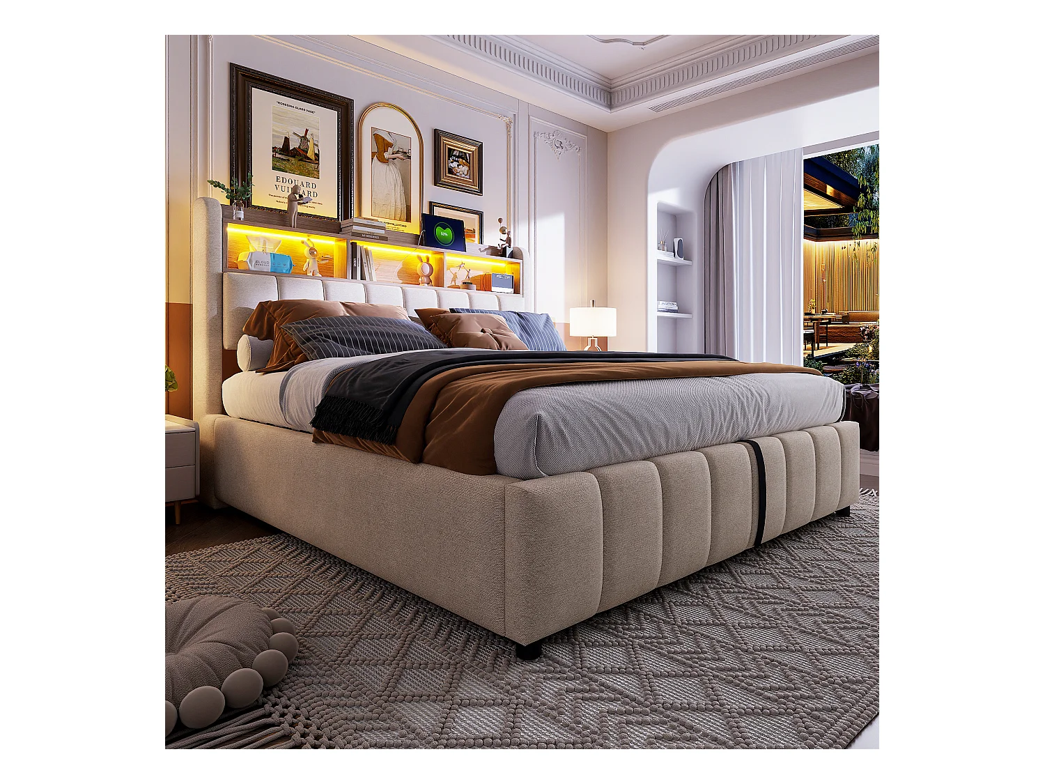 Gepolstertes Doppelbettbett mit Stauraum – 180 x 200 cm – mit LED-Beleuchtung + USB-Anschluss + Kopfteil mit Stauraum – Leinen + Metall + Sperrholz + MDF – Beige