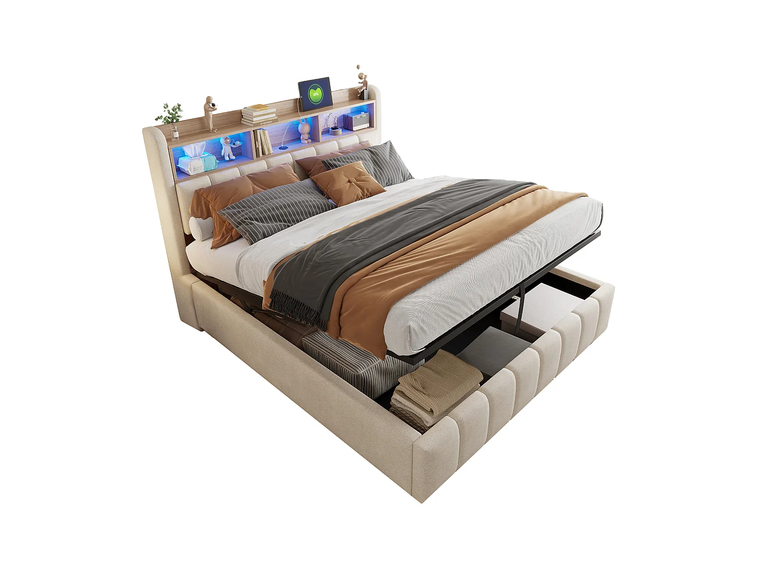 Gepolstertes Doppelbettbett mit Stauraum – 180 x 200 cm – mit LED-Beleuchtung + USB-Anschluss + Kopfteil mit Stauraum – Leinen + Metall + Sperrholz + MDF – Beige