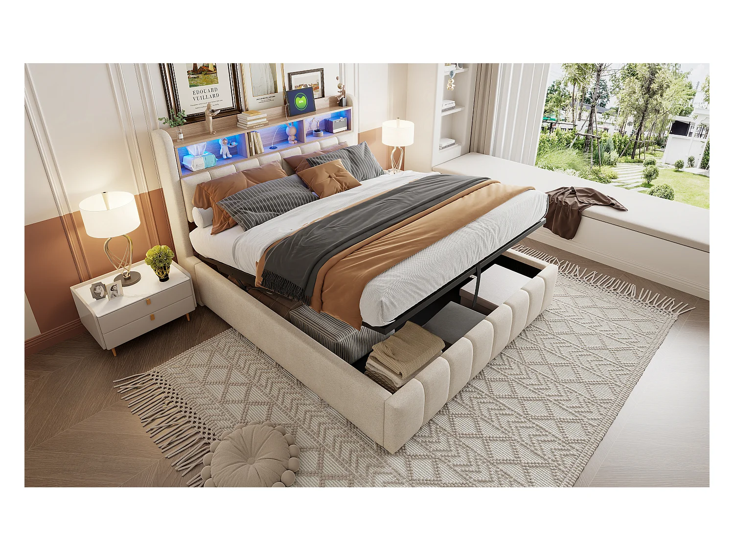 Gepolstertes Doppelbettbett mit Stauraum – 180 x 200 cm – mit LED-Beleuchtung + USB-Anschluss + Kopfteil mit Stauraum – Leinen + Metall + Sperrholz + MDF – Beige