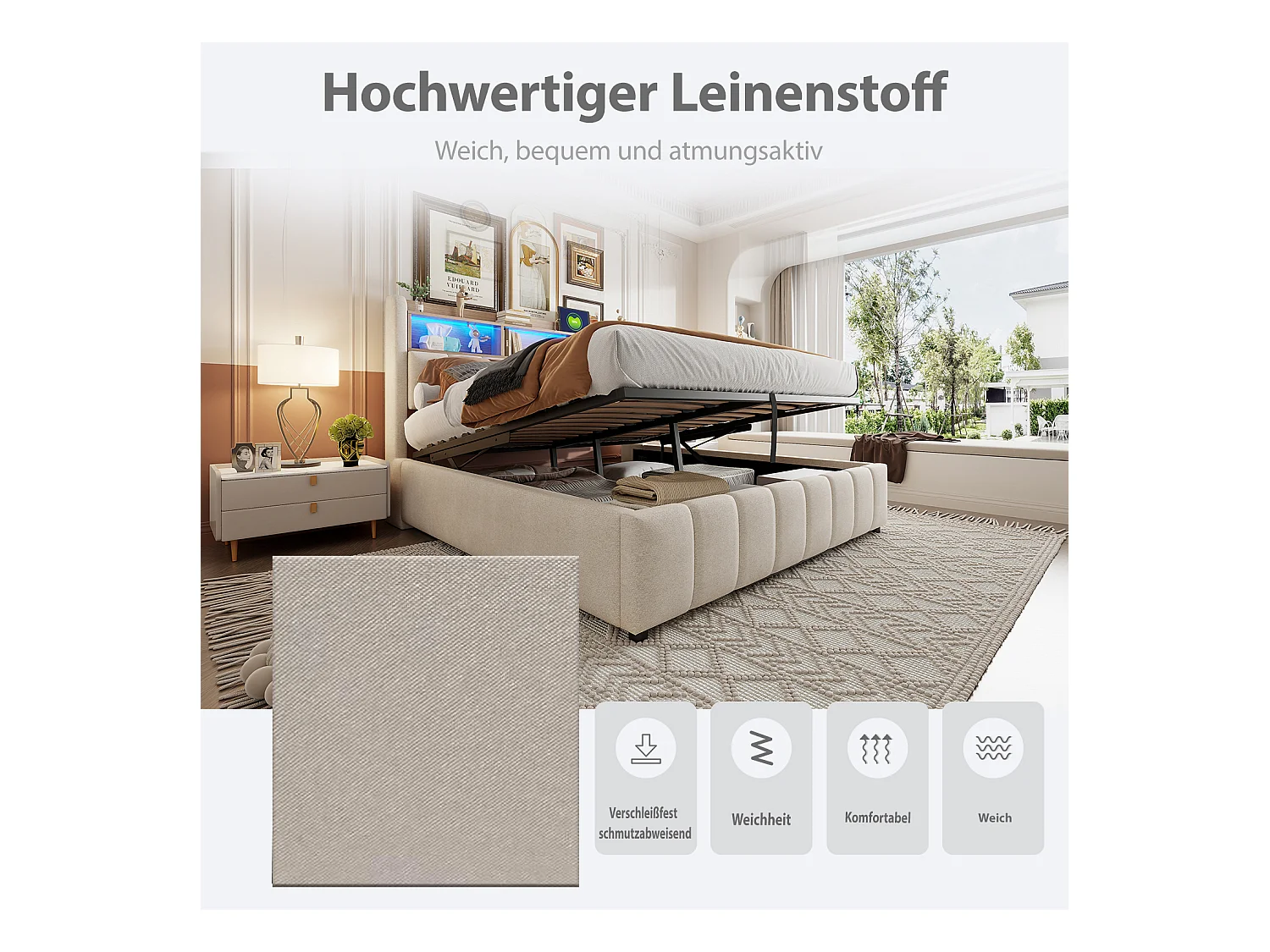 Gepolstertes Doppelbettbett mit Stauraum – 180 x 200 cm – mit LED-Beleuchtung + USB-Anschluss + Kopfteil mit Stauraum – Leinen + Metall + Sperrholz + MDF – Beige