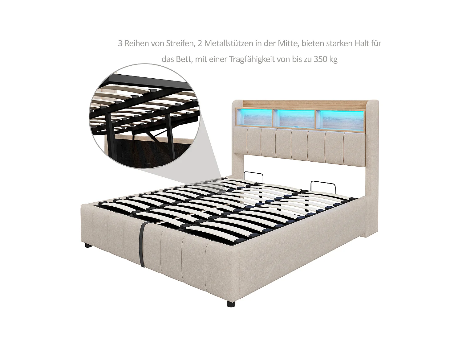 Gepolstertes Doppelbettbett mit Stauraum – 180 x 200 cm – mit LED-Beleuchtung + USB-Anschluss + Kopfteil mit Stauraum – Leinen + Metall + Sperrholz + MDF – Beige