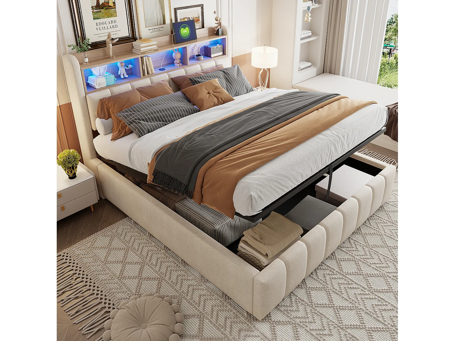 Gepolstertes Doppelbettbett mit Stauraum – 180 x 200 cm – mit LED-Beleuchtung + USB-Anschluss + Kopfteil mit Stauraum – Leinen + Metall + Sperrholz + MDF – Beige