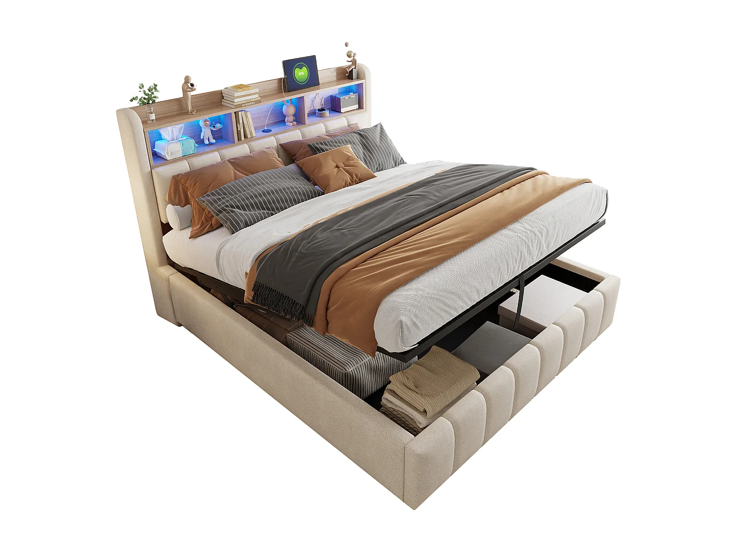 Gepolstertes Doppelbettbett mit Stauraum – 180 x 200 cm – mit LED-Beleuchtung + USB-Anschluss + Kopfteil mit Stauraum – Leinen + Metall + Sperrholz + MDF – Beige