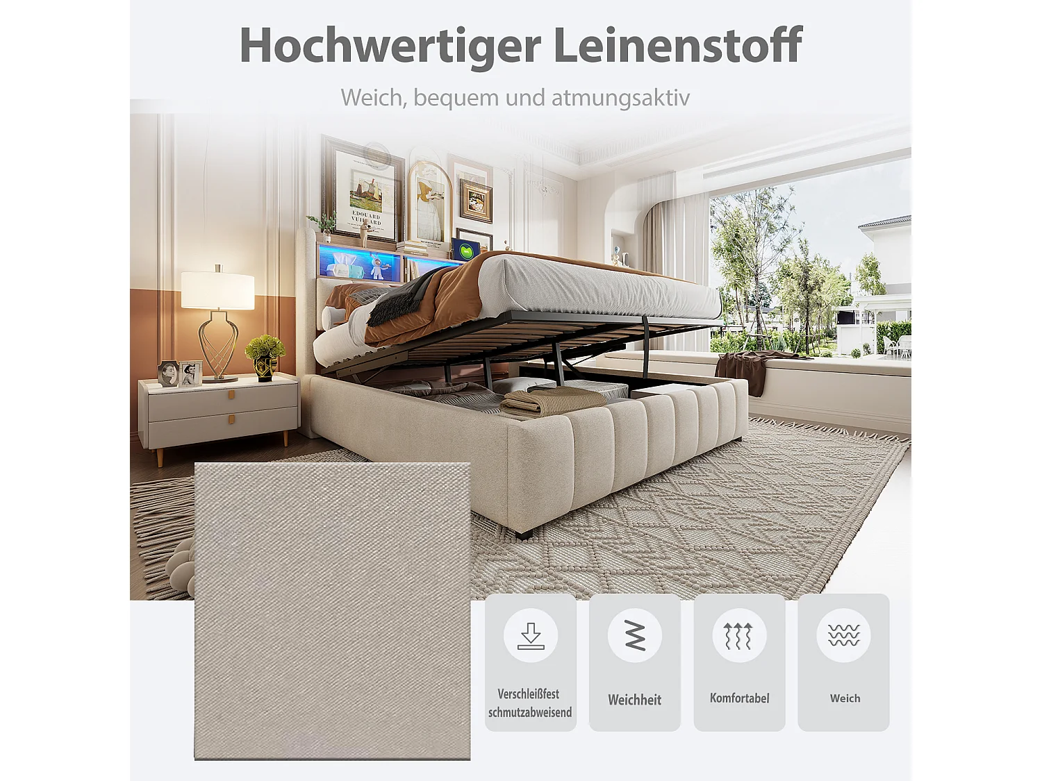 Gepolstertes Doppelbettbett mit Stauraum – 180 x 200 cm – mit LED-Beleuchtung + USB-Anschluss + Kopfteil mit Stauraum – Leinen + Metall + Sperrholz + MDF – Beige