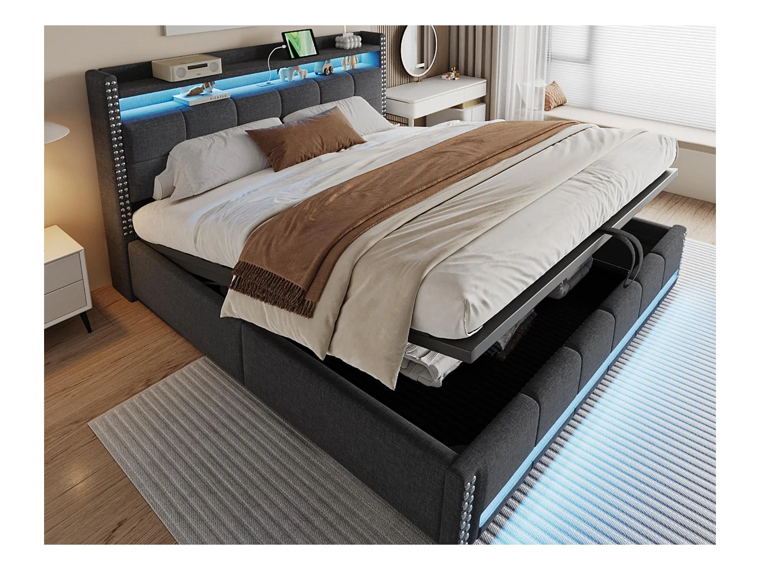 Lit coffre rembourré 180x200 cm - avec éclairage LED - avec USB - lin - gris (matelas non inclus)
