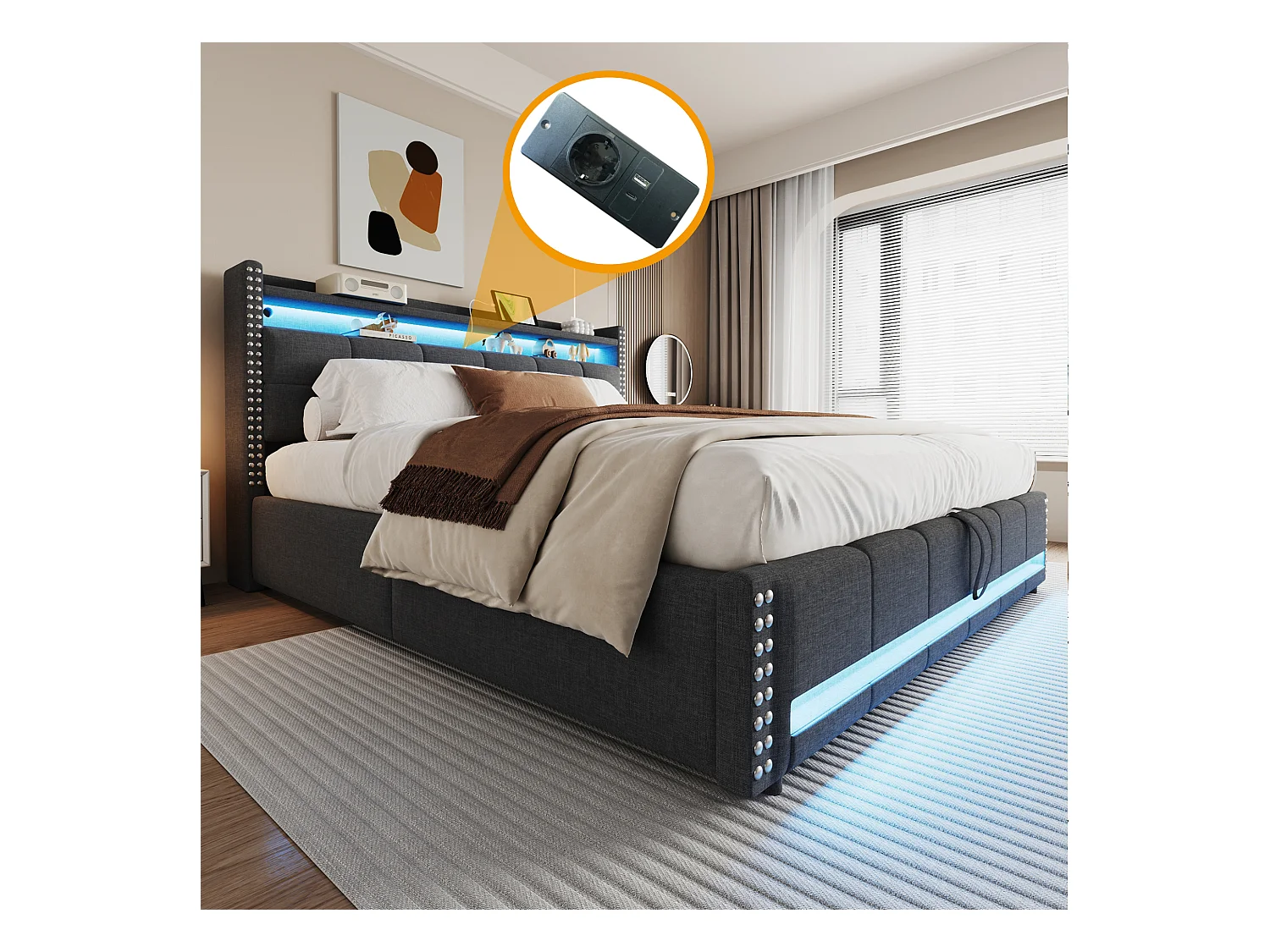 Lit coffre rembourré 180x200 cm - avec éclairage LED - avec USB - lin - gris (matelas non inclus)