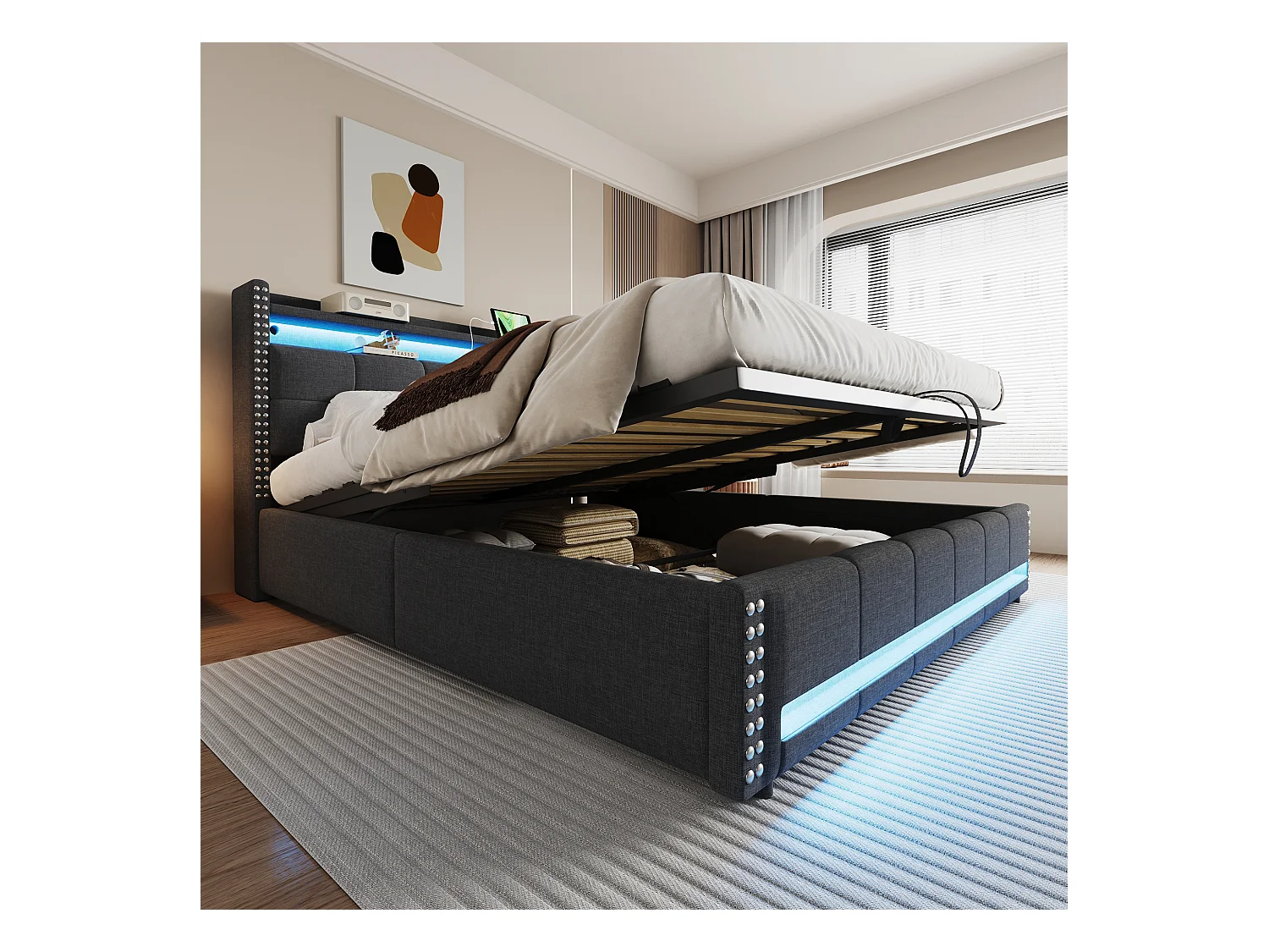 Lit coffre rembourré 180x200 cm - avec éclairage LED - avec USB - lin - gris (matelas non inclus)