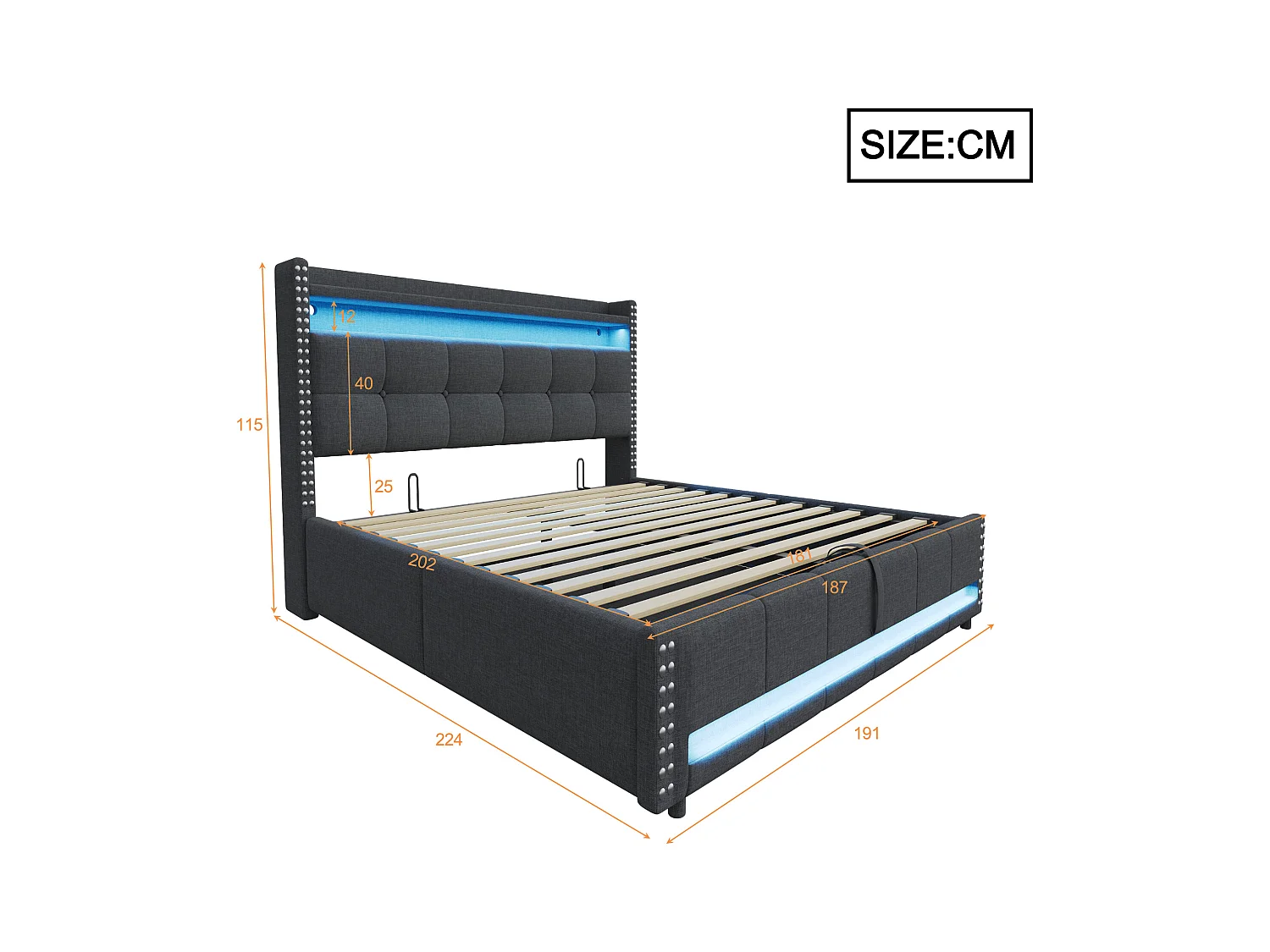 Lit coffre rembourré 180x200 cm - avec éclairage LED - avec USB - lin - gris (matelas non inclus)