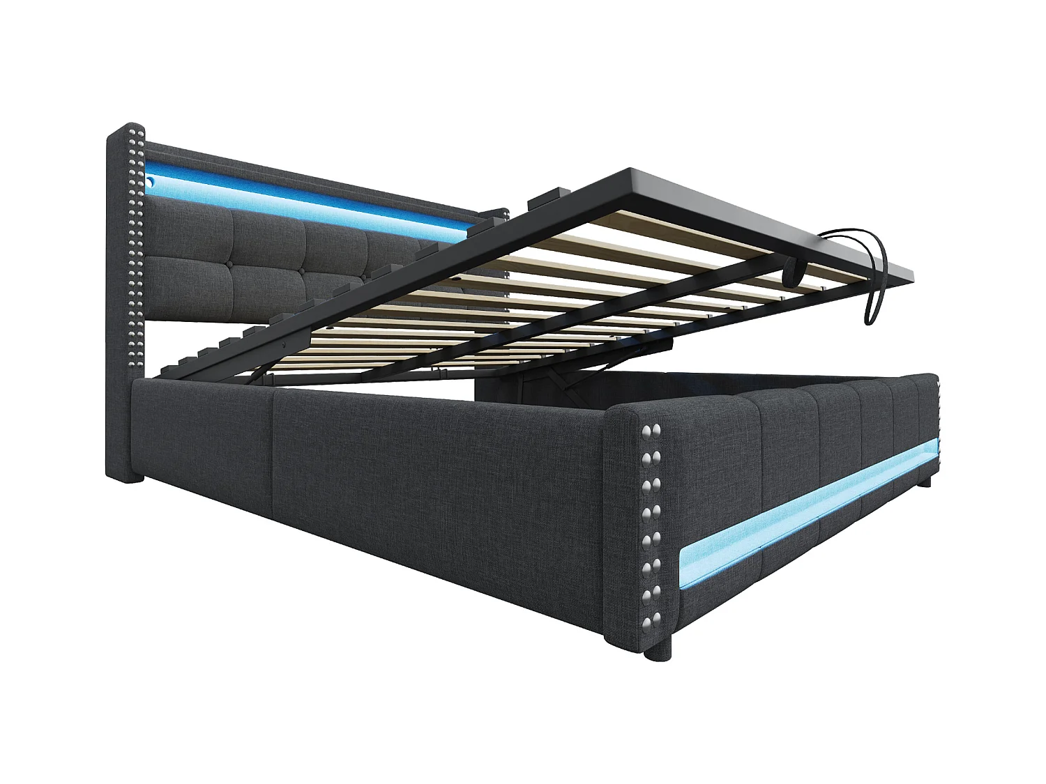 Lit coffre rembourré 180x200 cm - avec éclairage LED - avec USB - lin - gris (matelas non inclus)