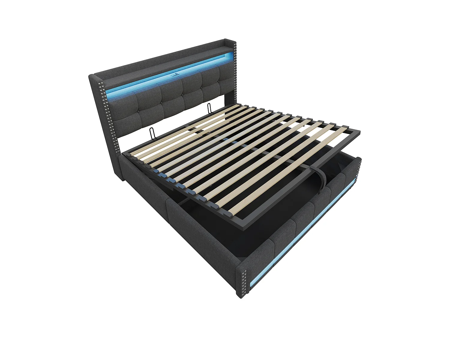 Lit coffre rembourré 180x200 cm - avec éclairage LED - avec USB - lin - gris (matelas non inclus)