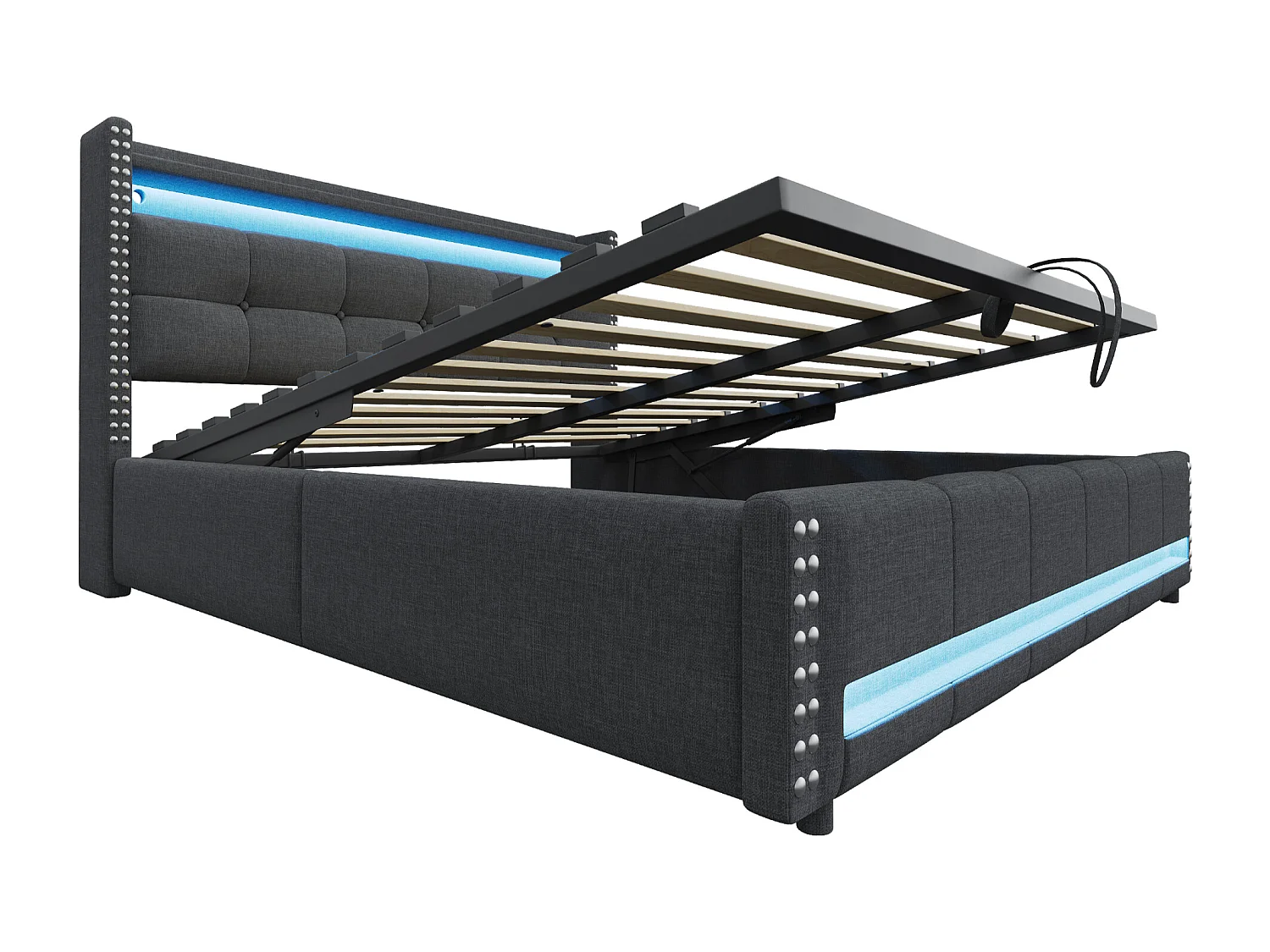 Letto contenitore imbottito 180x200 cm - con illuminazione LED - con USB - lino - grigio (materasso non incluso)