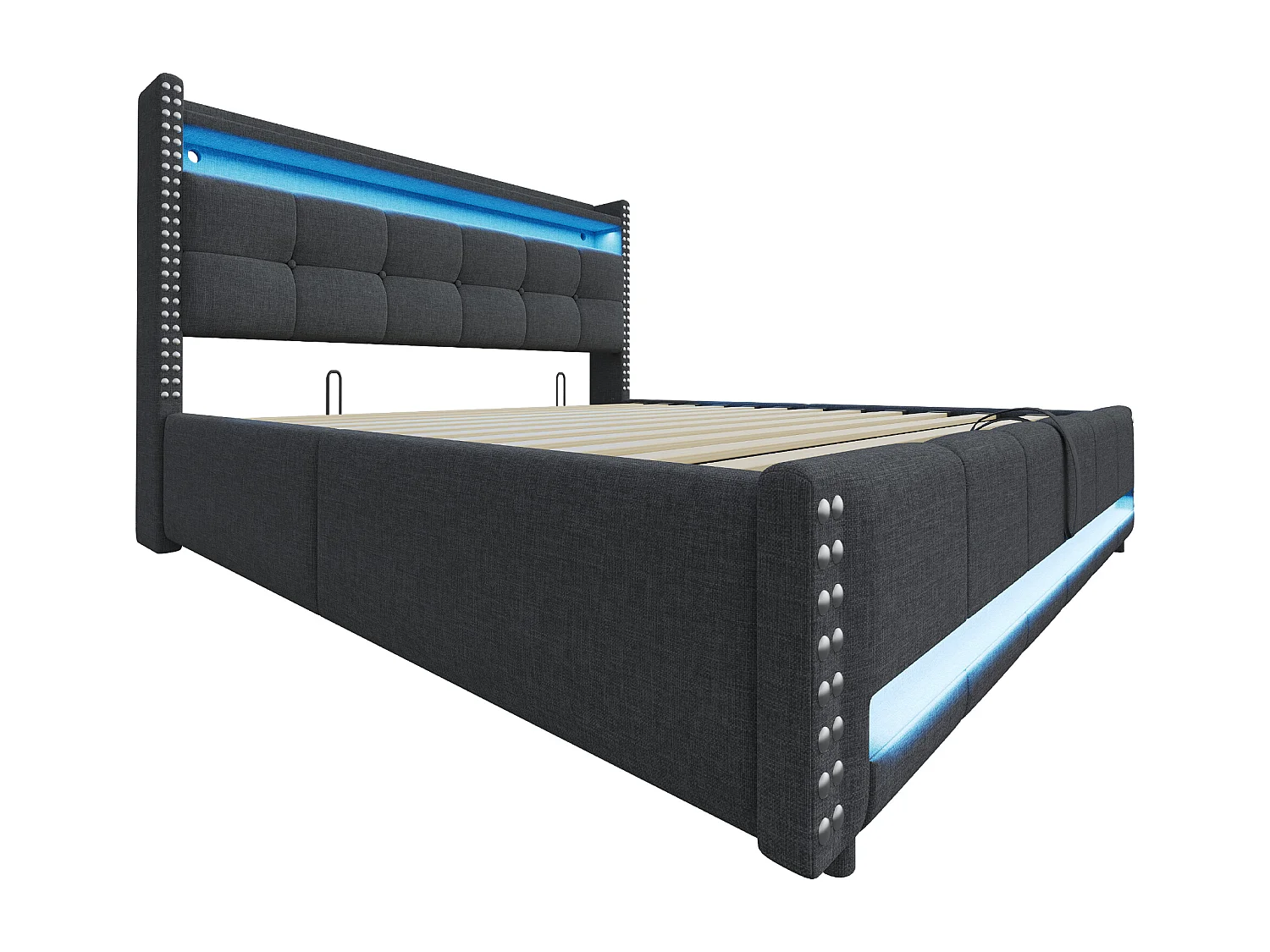 Letto contenitore imbottito 180x200 cm - con illuminazione LED - con USB - lino - grigio (materasso non incluso)