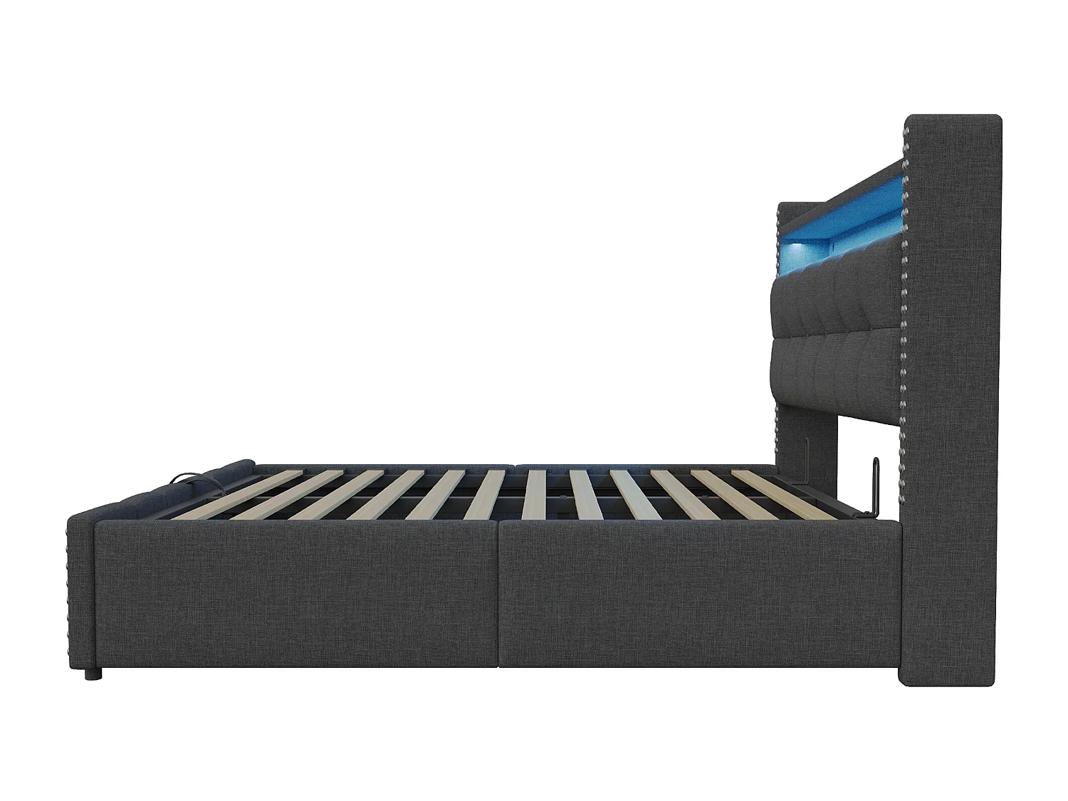 Letto contenitore imbottito 180x200 cm - con illuminazione LED - con USB - lino - grigio (materasso non incluso)