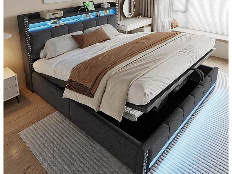 Letto contenitore imbottito 180x200 cm - con illuminazione LED - con USB - lino - grigio (materasso non incluso)