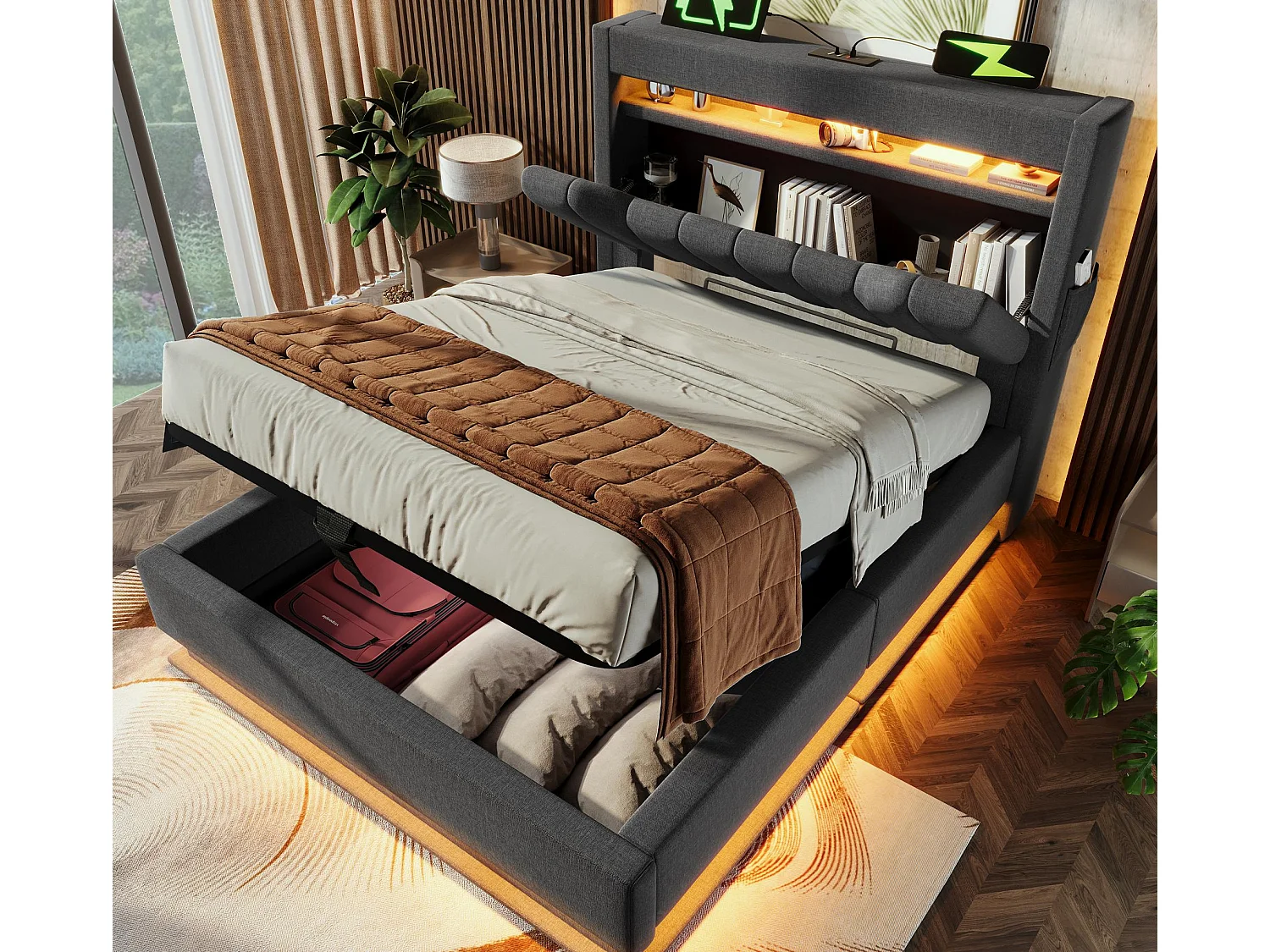 Lit coffre capitonné 90x200cm - avec LED - avec ports USB et Type-C - tissu en Lin - tête de lit avec espace de rangement - Gris