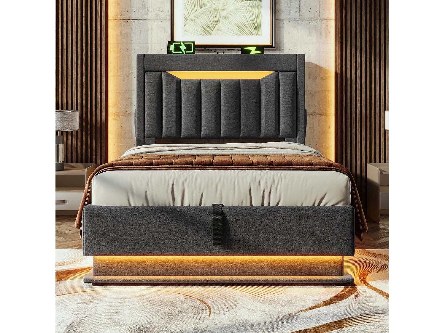 Lit coffre capitonné 90x200cm - avec LED - avec ports USB et Type-C - tissu en Lin - tête de lit avec espace de rangement - Gris