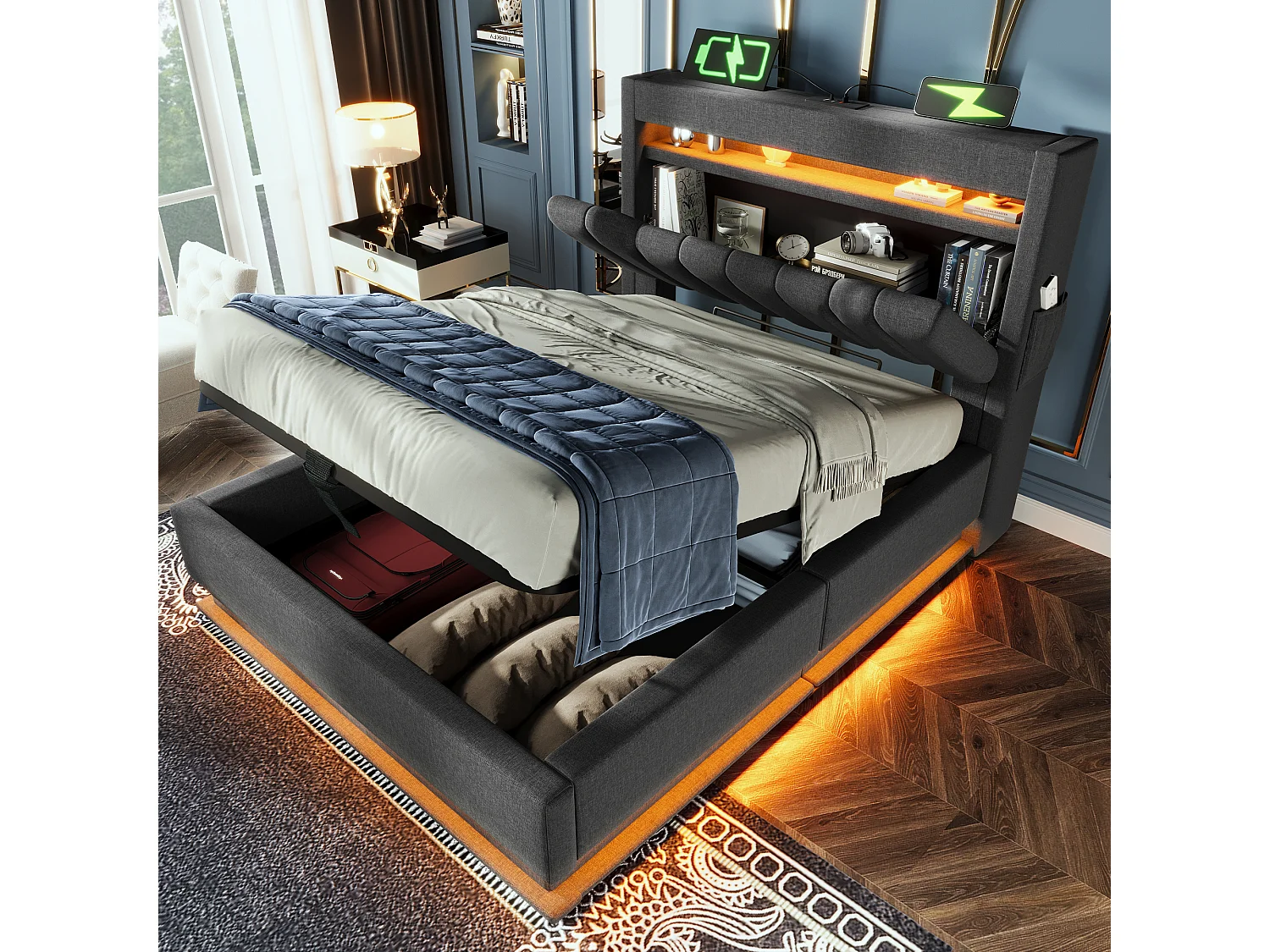 Lit coffre capitonné 90x200cm - avec LED - avec ports USB et Type-C - tissu en Lin - tête de lit avec espace de rangement - Gris