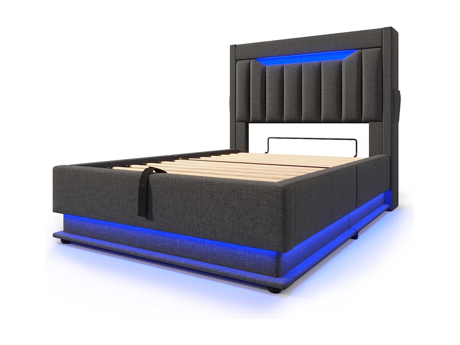 Lit coffre capitonné 90x200cm - avec LED - avec ports USB et Type-C - tissu en Lin - tête de lit avec espace de rangement - Gris