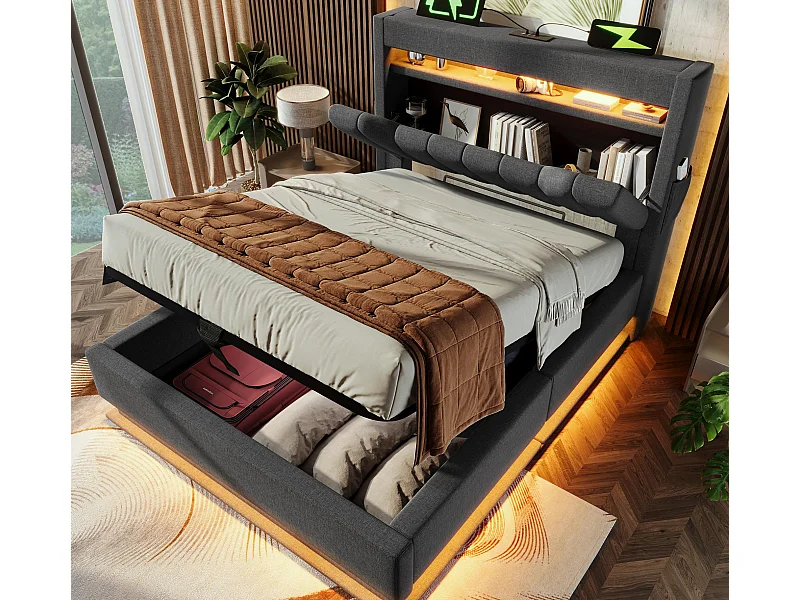 Lit coffre capitonné 90x200cm - avec LED - avec ports USB et Type-C - tissu en Lin - tête de lit avec espace de rangement - Gris